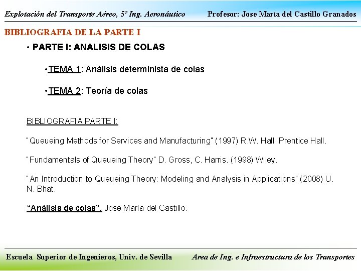 Explotación del Transporte Aéreo, 5º Ing. Aeronáutico Profesor: Jose María del Castillo Granados BIBLIOGRAFIA