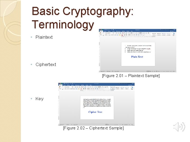 Basic Cryptography: Terminology ◦ Plaintext ◦ Ciphertext [Figure 2. 01 – Plaintext Sample] ◦