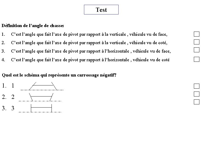 Test Définition de l’angle de chasse: 1. C’est l’angle que fait l’axe de pivot