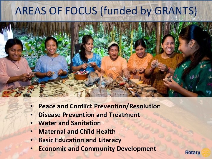 AREAS OF FOCUS (funded by GRANTS) • • • Peace and Conflict Prevention/Resolution Disease