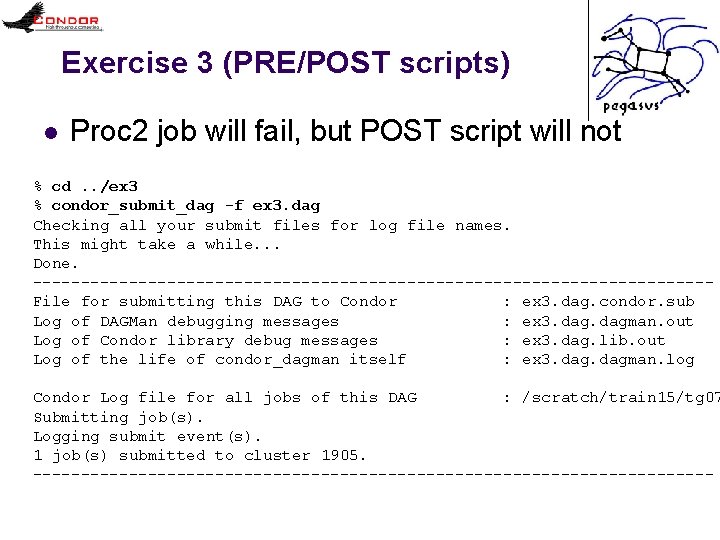 Exercise 3 (PRE/POST scripts) l Proc 2 job will fail, but POST script will