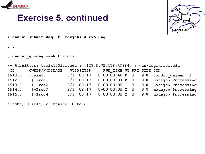 Exercise 5, continued % condor_submit_dag -f -maxjobs 4 ex 5. dag. . . $