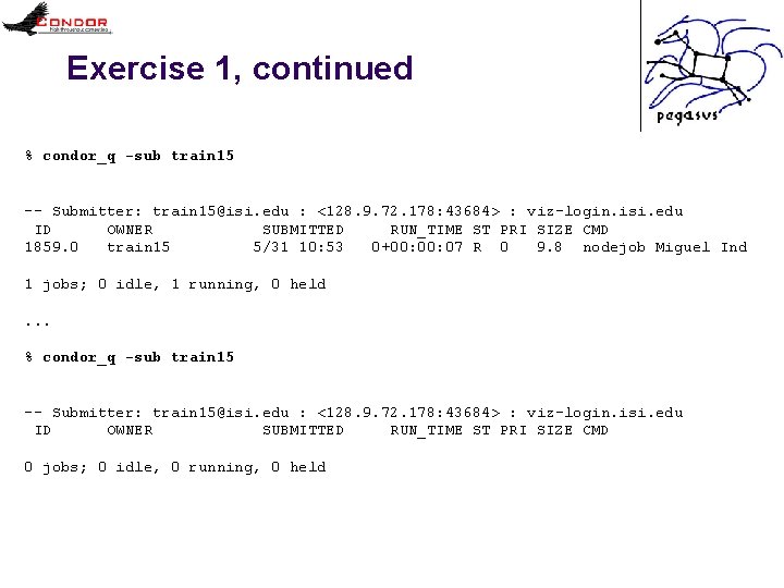 Exercise 1, continued % condor_q -sub train 15 -- Submitter: train 15@isi. edu :