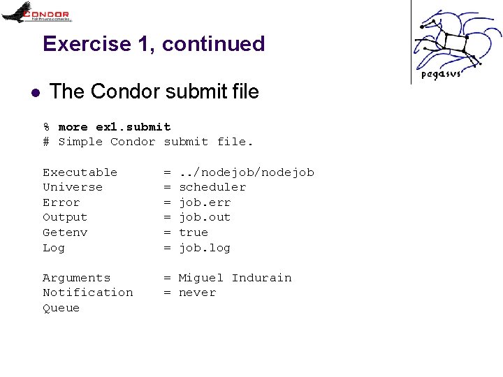 Exercise 1, continued l The Condor submit file % more ex 1. submit #