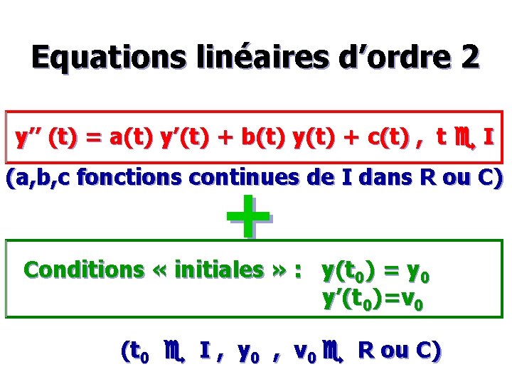 Equations linéaires d’ordre 2 y’’ (t) = a(t) y’(t) + b(t) y(t) + c(t)