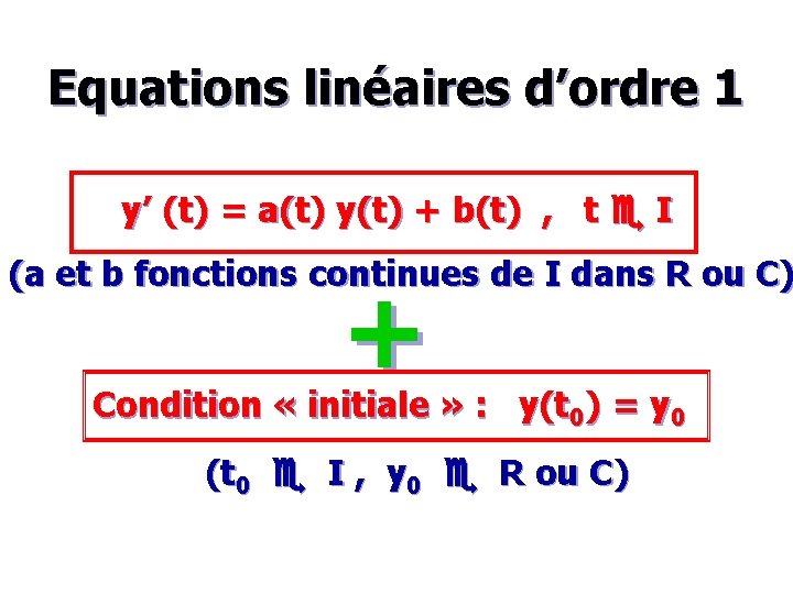 Equations linéaires d’ordre 1 y’ (t) = a(t) y(t) + b(t) , t e