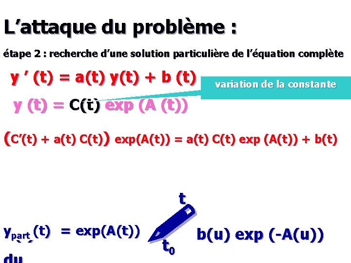 L’attaque du problème : étape 2 : recherche d’une solution particulière de l’équation complète