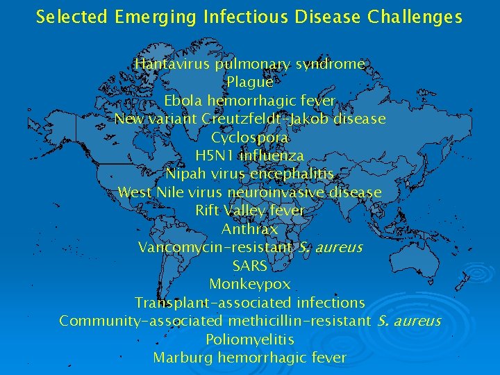 Selected Emerging Infectious Disease Challenges Hantavirus pulmonary syndrome Plague Ebola hemorrhagic fever New variant