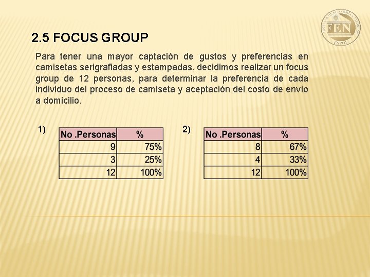 2. 5 FOCUS GROUP Para tener una mayor captación de gustos y preferencias en