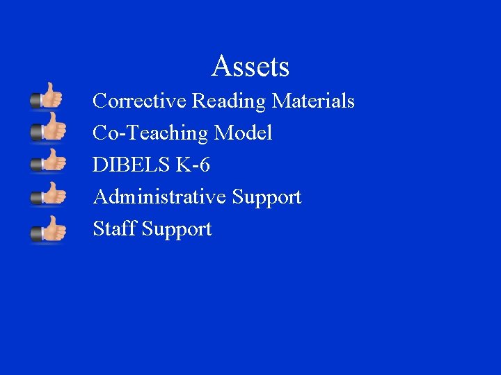 Assets Corrective Reading Materials Co-Teaching Model DIBELS K-6 Administrative Support Staff Support 