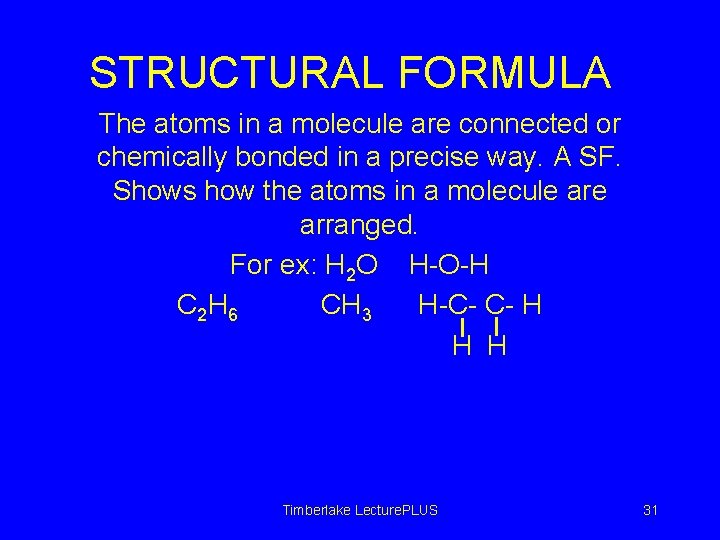 STRUCTURAL FORMULA The atoms in a molecule are connected or chemically bonded in a