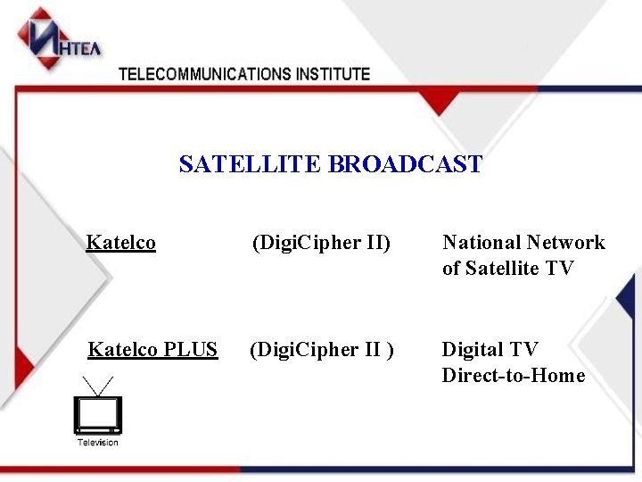SATELLITE BROADCAST Katelco (Digi. Cipher II) National Network of Satellite TV Katelco PLUS (Digi.