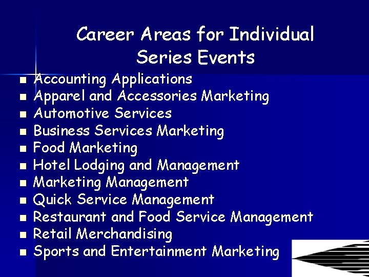 Career Areas for Individual Series Events n n n Accounting Applications Apparel and Accessories