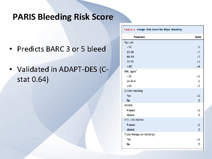 PARIS Bleeding Risk Score • Predicts BARC 3 or 5 bleed • Validated in