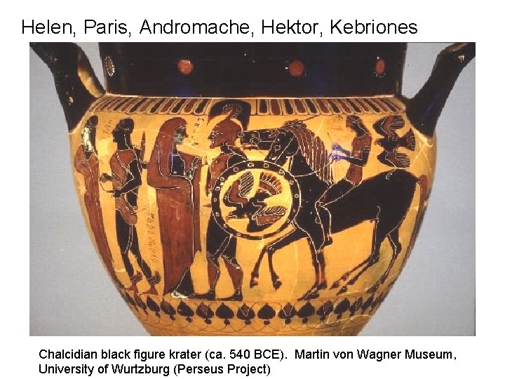 Helen, Paris, Andromache, Hektor, Kebriones Chalcidian black figure krater (ca. 540 BCE). Martin von