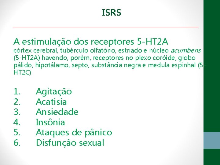 ISRS A estimulação dos receptores 5 -HT 2 A córtex cerebral, tubérculo olfatório, estriado