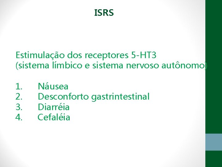 ISRS Estimulação dos receptores 5 -HT 3 (sistema límbico e sistema nervoso autônomo) 1.