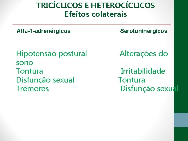 TRICÍCLICOS E HETEROCÍCLICOS Efeitos colaterais Alfa-1 -adrenérgicos Serotoninérgicos Hipotensão postural Alterações do sono Tontura