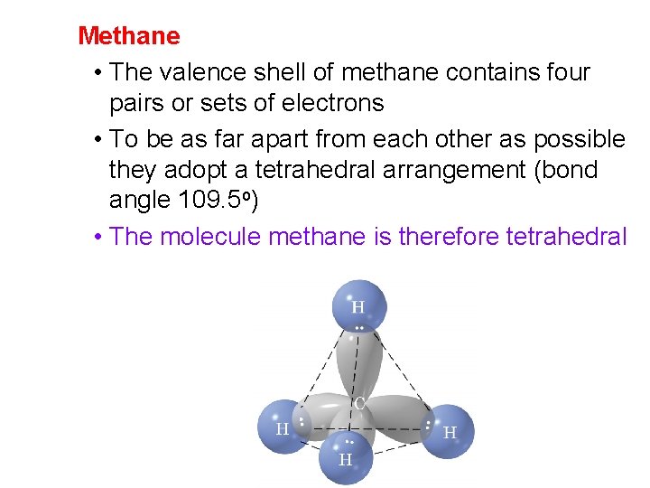 Methane • The valence shell of methane contains four pairs or sets of electrons Methane • The valence shell of methane contains four pairs or sets of electrons