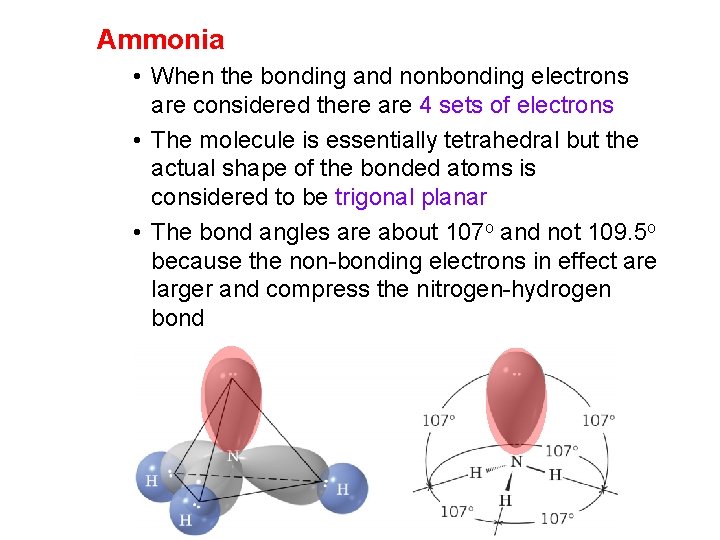 Ammonia • When the bonding and nonbonding electrons are considered there are 4 sets Ammonia • When the bonding and nonbonding electrons are considered there are 4 sets