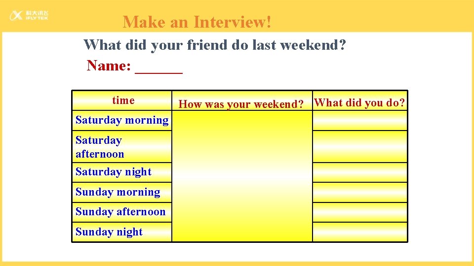 Make an Interview! What did your friend do last weekend? Name: ______ time Saturday
