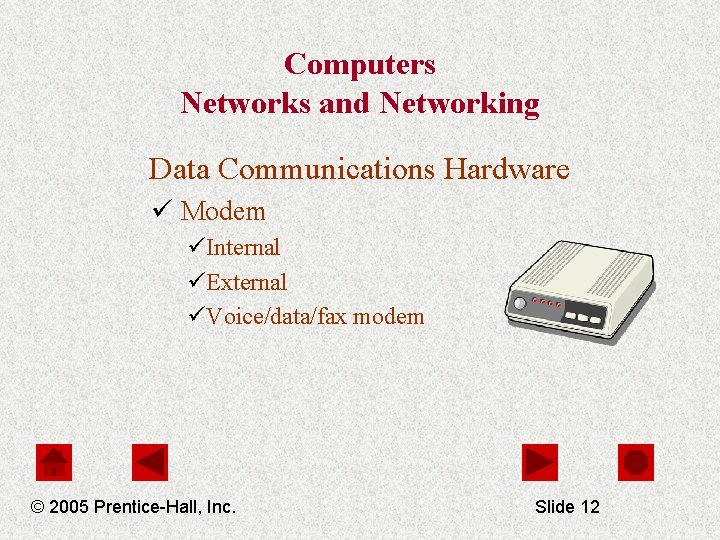 Computers Networks and Networking Data Communications Hardware ü Modem üInternal üExternal üVoice/data/fax modem ©