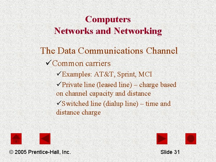 Computers Networks and Networking The Data Communications Channel üCommon carriers üExamples: AT&T, Sprint, MCI
