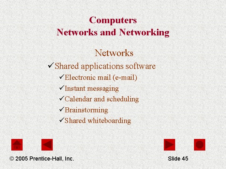 Computers Networks and Networking Networks üShared applications software üElectronic mail (e-mail) üInstant messaging üCalendar