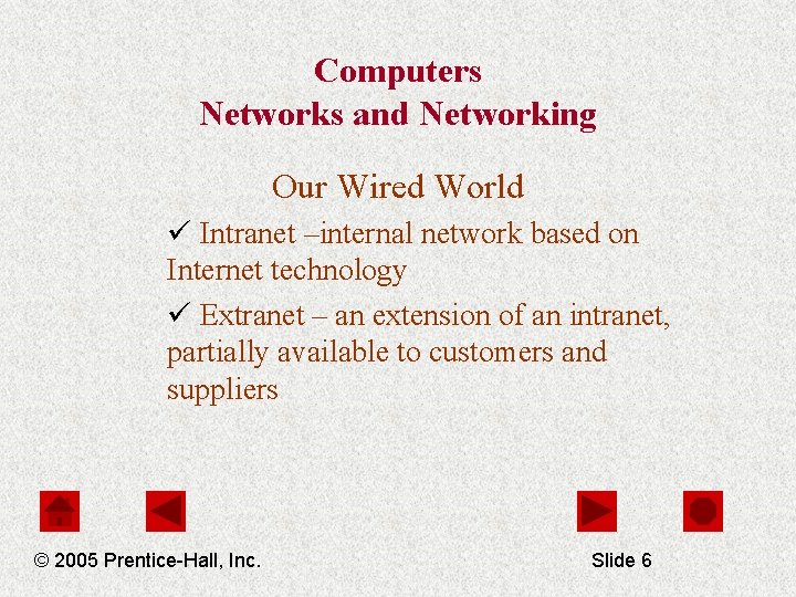 Computers Networks and Networking Our Wired World ü Intranet –internal network based on Internet