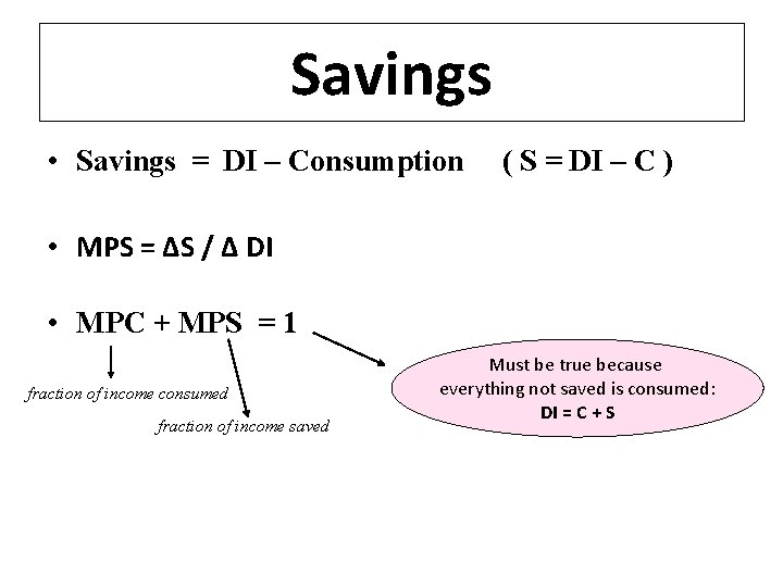Savings • Savings = DI – Consumption ( S = DI – C ) Savings • Savings = DI – Consumption ( S = DI – C )