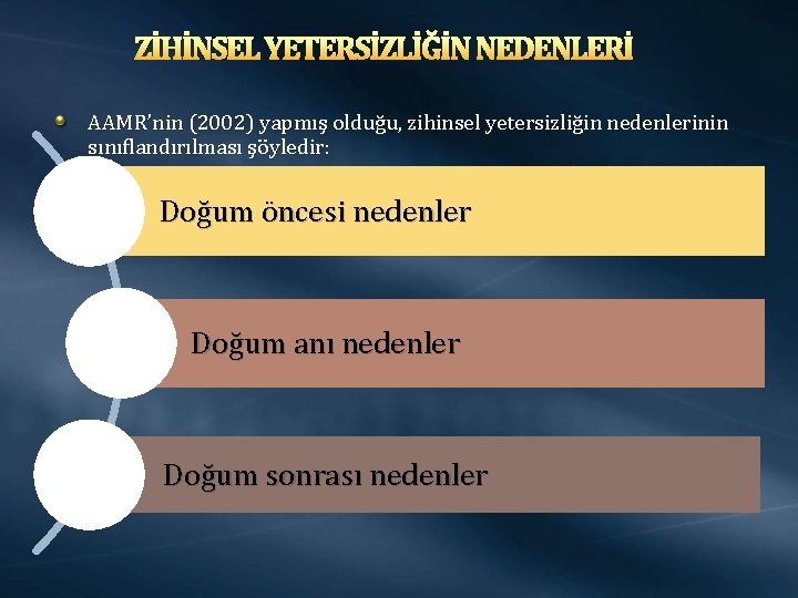 ZİHİNSEL YETERSİZLİĞİN NEDENLERİ AAMR’nin (2002) yapmış olduğu, zihinsel yetersizliğin nedenlerinin sınıflandırılması şöyledir: Doğum öncesi