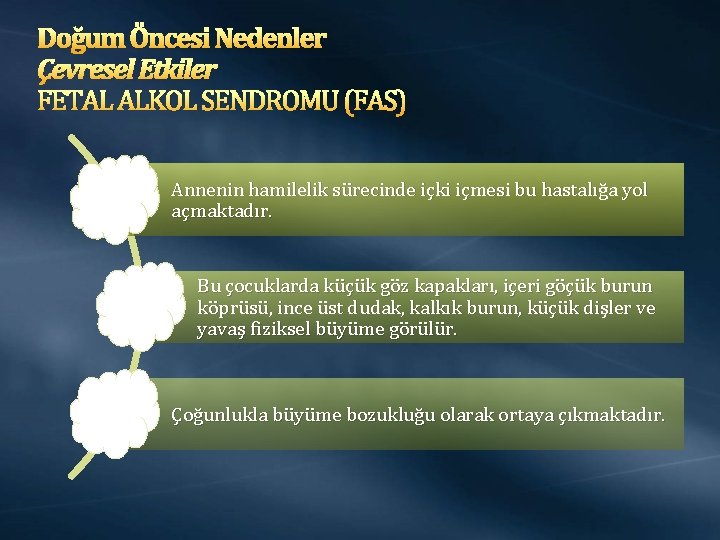 Doğum Öncesi Nedenler Çevresel Etkiler FETAL ALKOL SENDROMU (FAS) Annenin hamilelik sürecinde içki içmesi