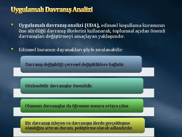 Uygulamalı Davranış Analizi Uygulamalı davranış analizi (UDA), edimsel koşullama kuramının öne sürdüğü davranış ilkelerini