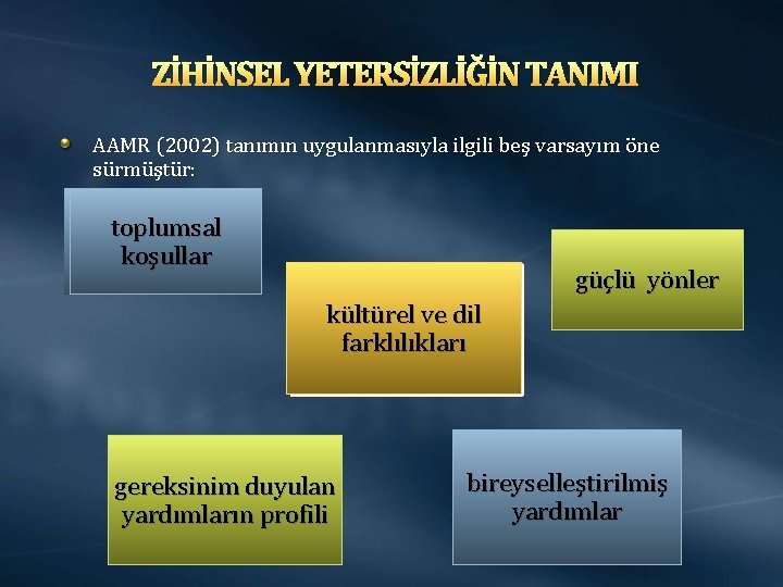 ZİHİNSEL YETERSİZLİĞİN TANIMI AAMR (2002) tanımın uygulanmasıyla ilgili beş varsayım öne sürmüştür: toplumsal koşullar