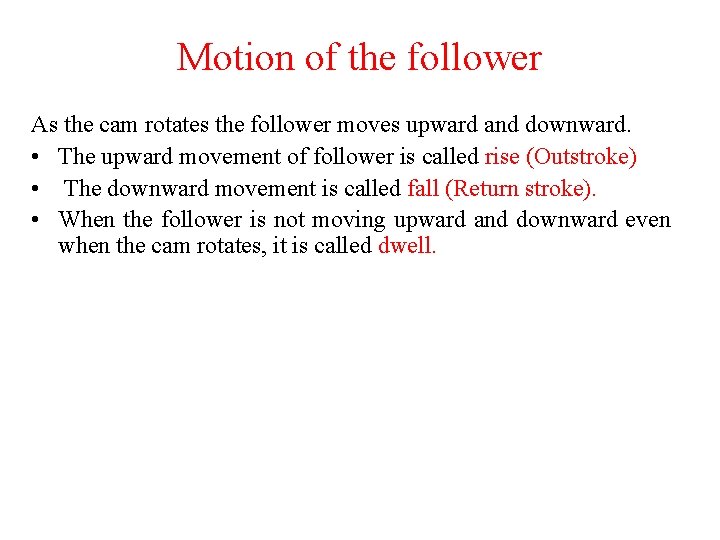 Motion of the follower As the cam rotates the follower moves upward and downward. Motion of the follower As the cam rotates the follower moves upward and downward.