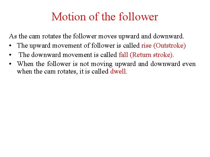 Motion of the follower As the cam rotates the follower moves upward and downward.