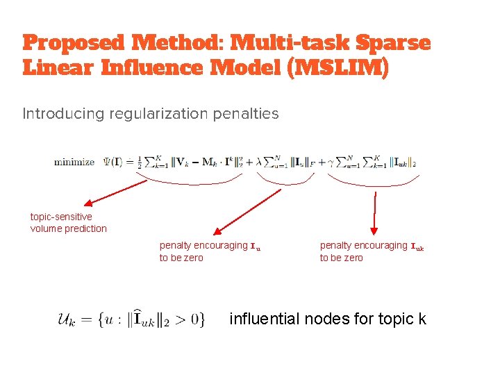 Proposed Method: Multi-task Sparse Linear Influence Model (MSLIM) Introducing regularization penalties topic-sensitive volume prediction