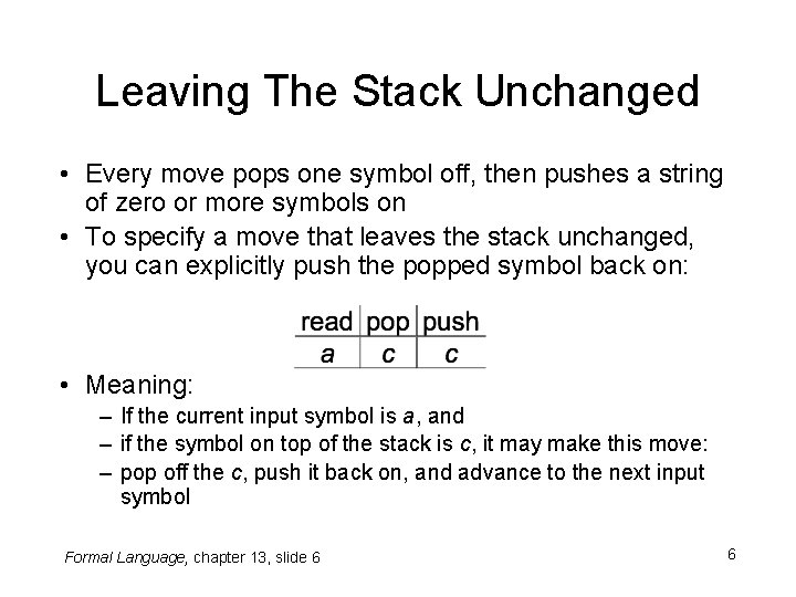 Leaving The Stack Unchanged • Every move pops one symbol off, then pushes a