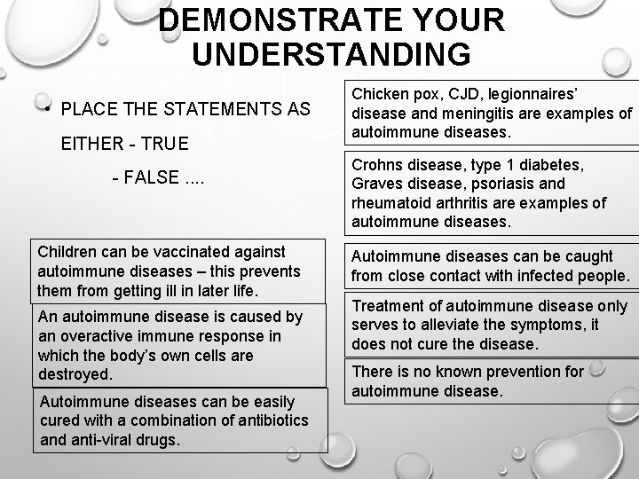 DEMONSTRATE YOUR UNDERSTANDING • PLACE THE STATEMENTS AS EITHER - TRUE - FALSE. .