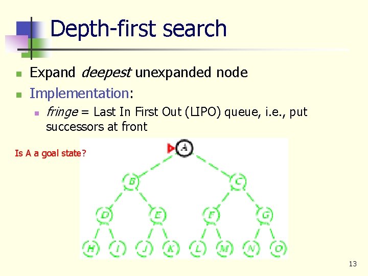 Depth-first search n n Expand deepest unexpanded node Implementation: n fringe = Last In