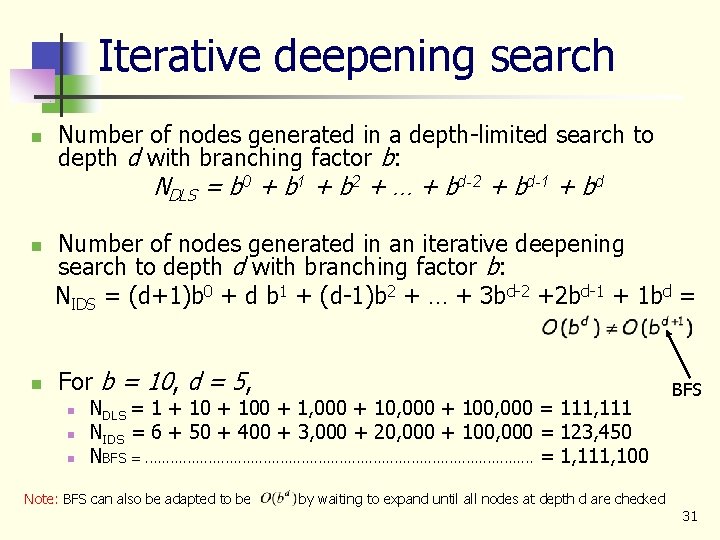 Iterative deepening search n Number of nodes generated in a depth-limited search to depth