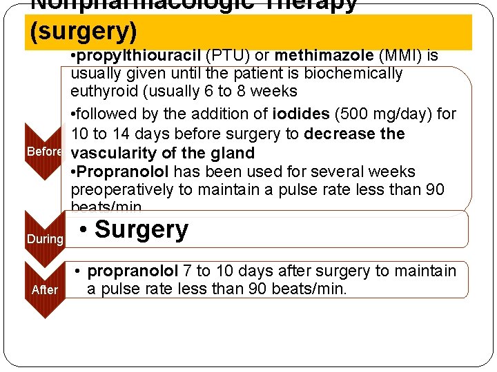 Nonpharmacologic Therapy (surgery) • propylthiouracil (PTU) or methimazole (MMI) is usually given until the