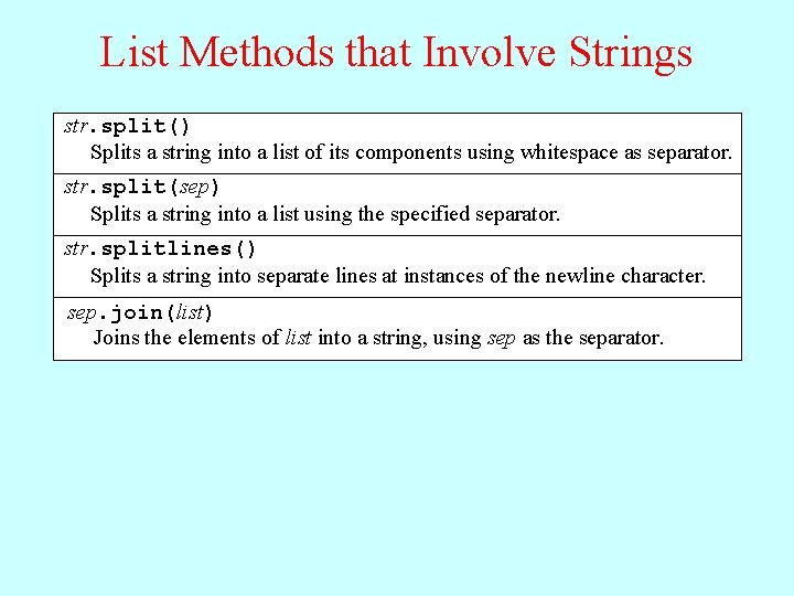 List Methods that Involve Strings str. split() Splits a string into a list of