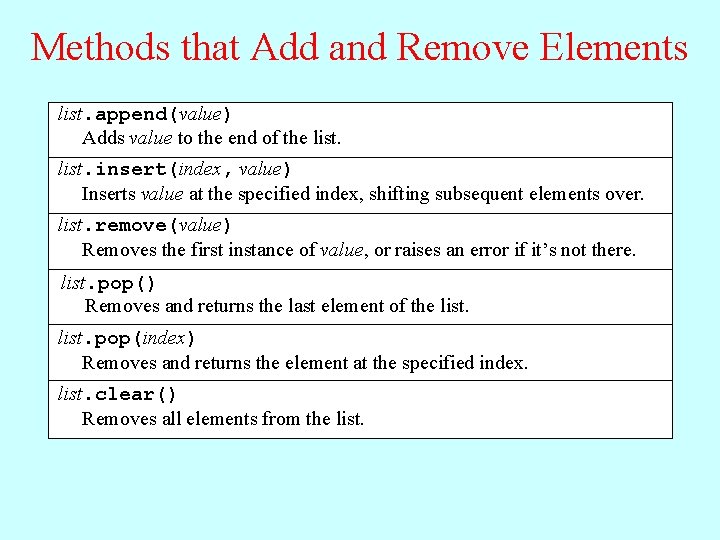 Methods that Add and Remove Elements list. append(value) Adds value to the end of