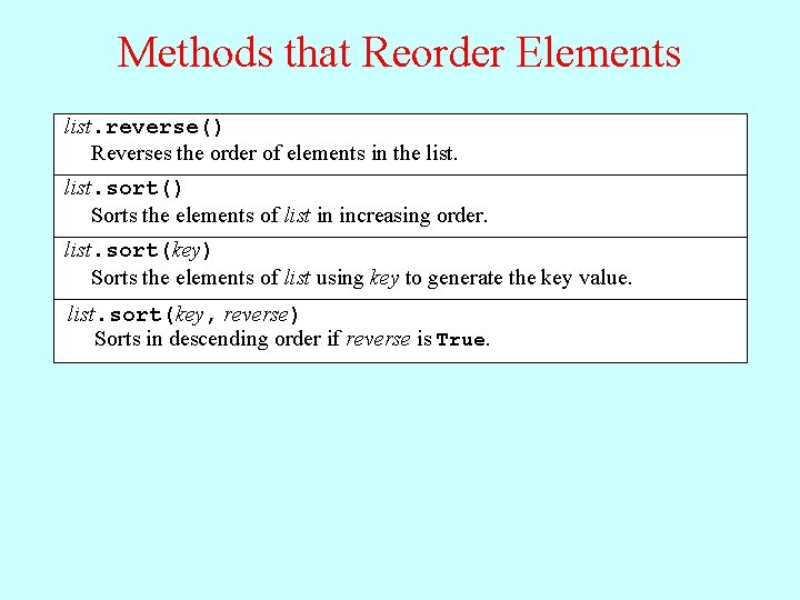 Methods that Reorder Elements list. reverse() Reverses the order of elements in the list.