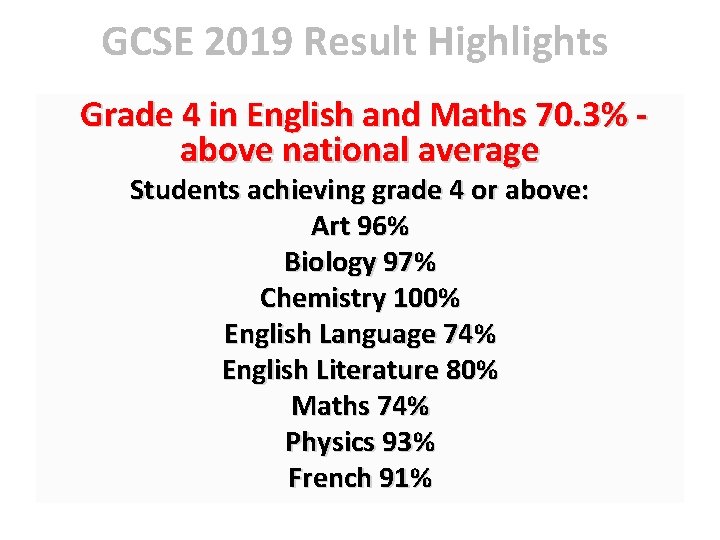 GCSE 2019 Result Highlights Grade 4 in English and Maths 70. 3% above national GCSE 2019 Result Highlights Grade 4 in English and Maths 70. 3% above national