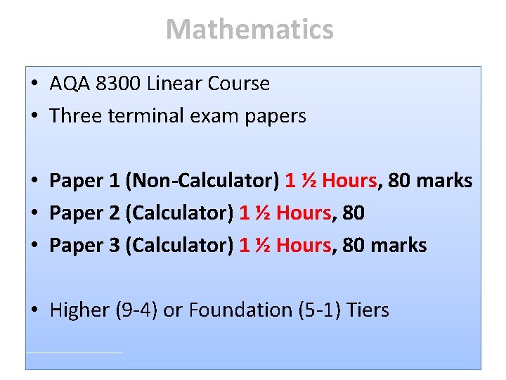 Mathematics • AQA 8300 Linear Course • Three terminal exam papers • Paper 1 Mathematics • AQA 8300 Linear Course • Three terminal exam papers • Paper 1
