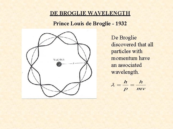 DE BROGLIE WAVELENGTH Prince Louis de Broglie - 1932 De Broglie discovered that all