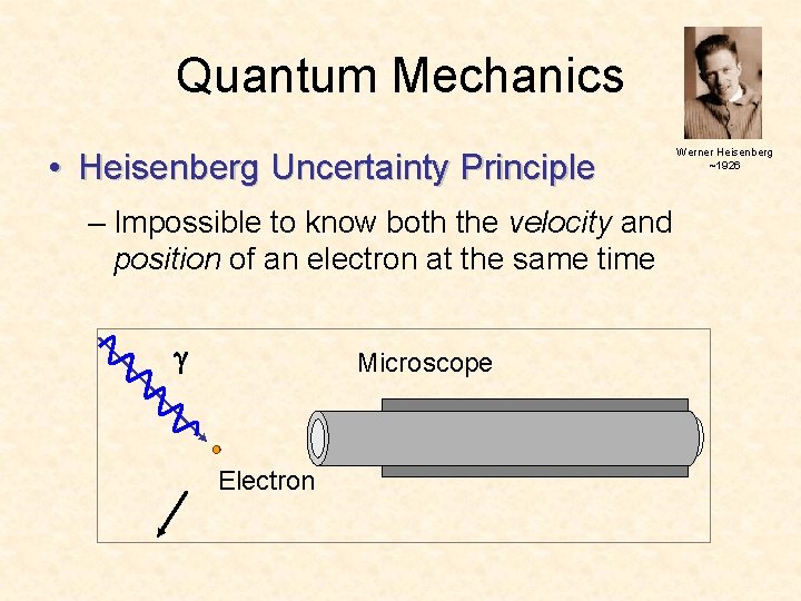 Quantum Mechanics • Heisenberg Uncertainty Principle – Impossible to know both the velocity and