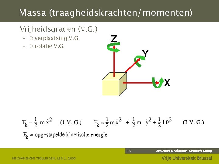 Massa (traagheidskrachten/momenten) Vrijheidsgraden (V. G. ) – 3 verplaatsing V. G. – 3 rotatie